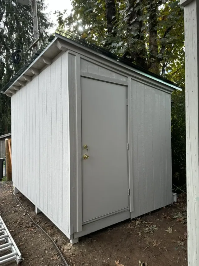 Completed custom shed with painted siding, a door, and a sloped roof